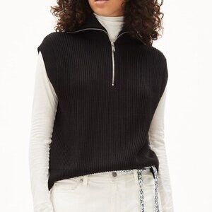 Armedangels Aylaa Sleeveless Sweater Ribbed Black Knit Vest Zip Collar Women XS